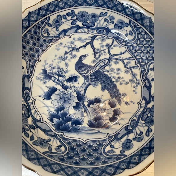 Vintage Japanese Blue & White Peacock Porcelain Serving Bowl - Picture 4 of 13